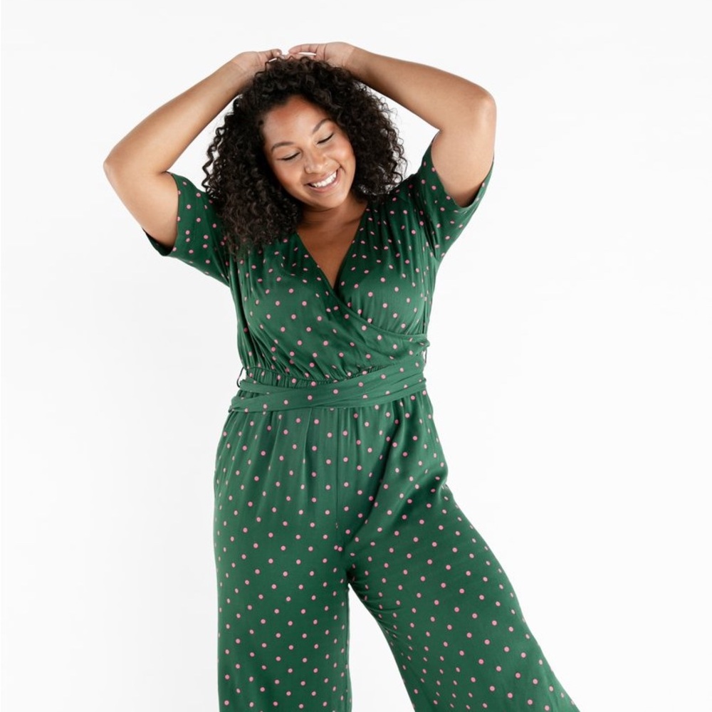 ban.do Emerald Green Jumpsuit with Polka Dots and Wrap V-Neck